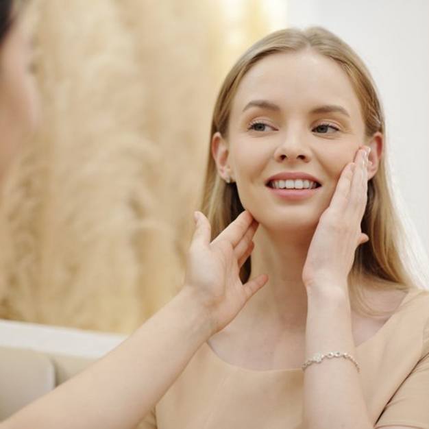 a woman smiling and talking to her doctor about her cheeks