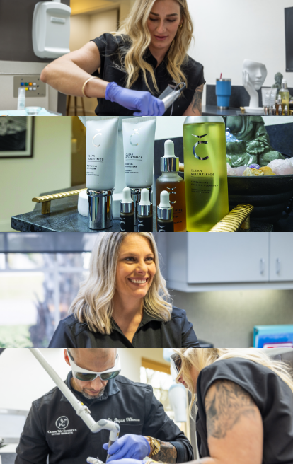 Collage featuring products and team members at Caring Way Esthetics of Port Charlotte