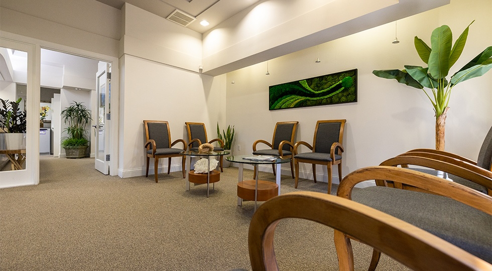 Wooden chairs in waiting area